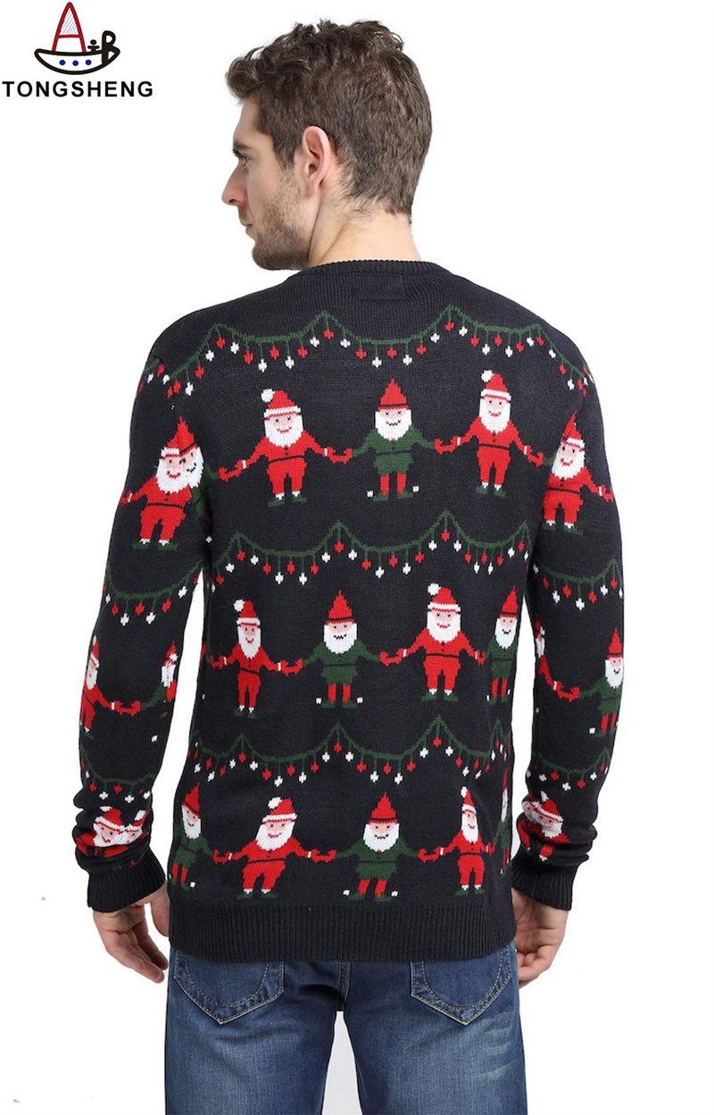 Red, green Santa Claus on the back of black sweater