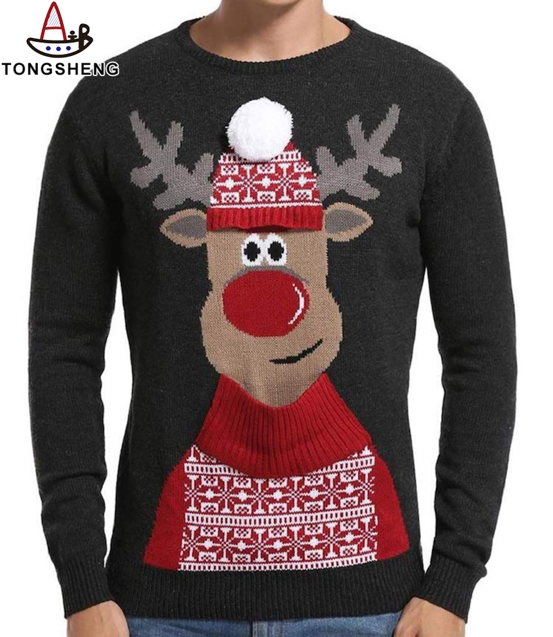 Reindeer with three-dimensional furball hat looks goofy on black sweater