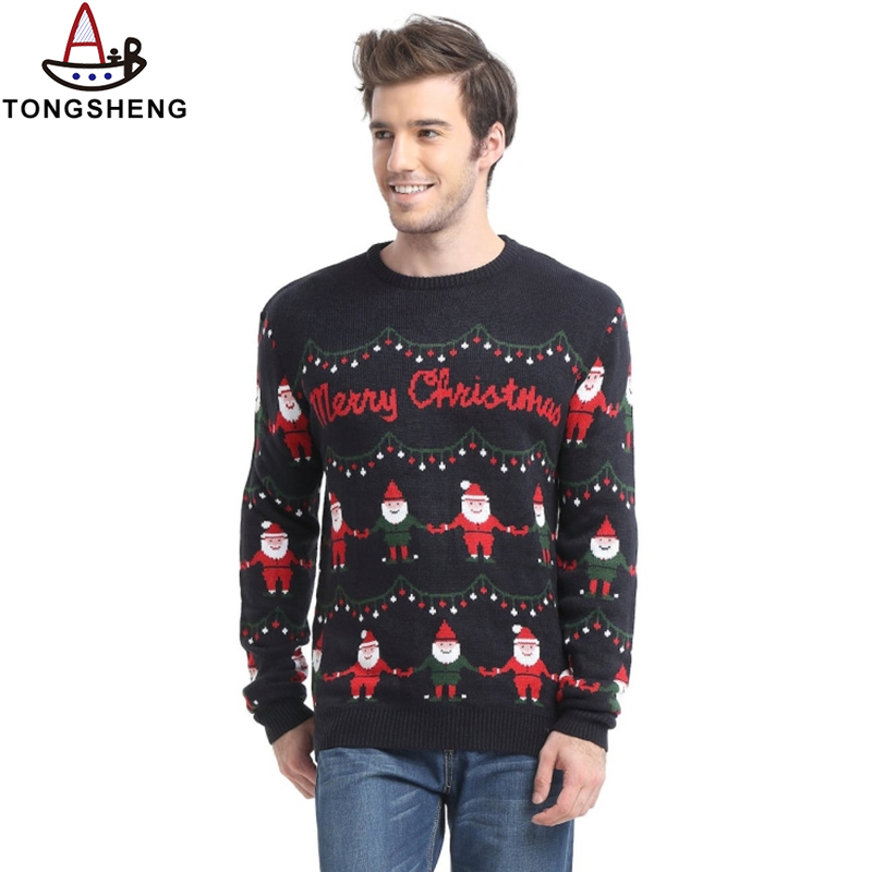 Black sweater with not only letters, but all kinds of Santa Claus