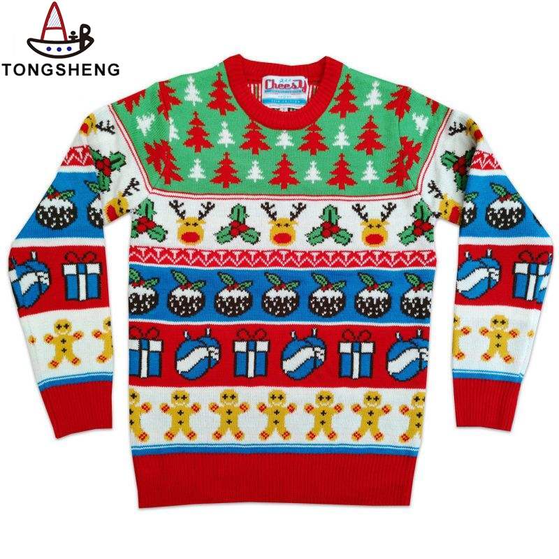 Ugly Christmas sweater full of gingerbread men, gift boxes, elk and more.
