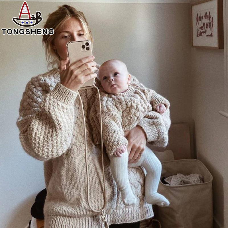 Camel women's sweater has a winter vibe to wear with kids