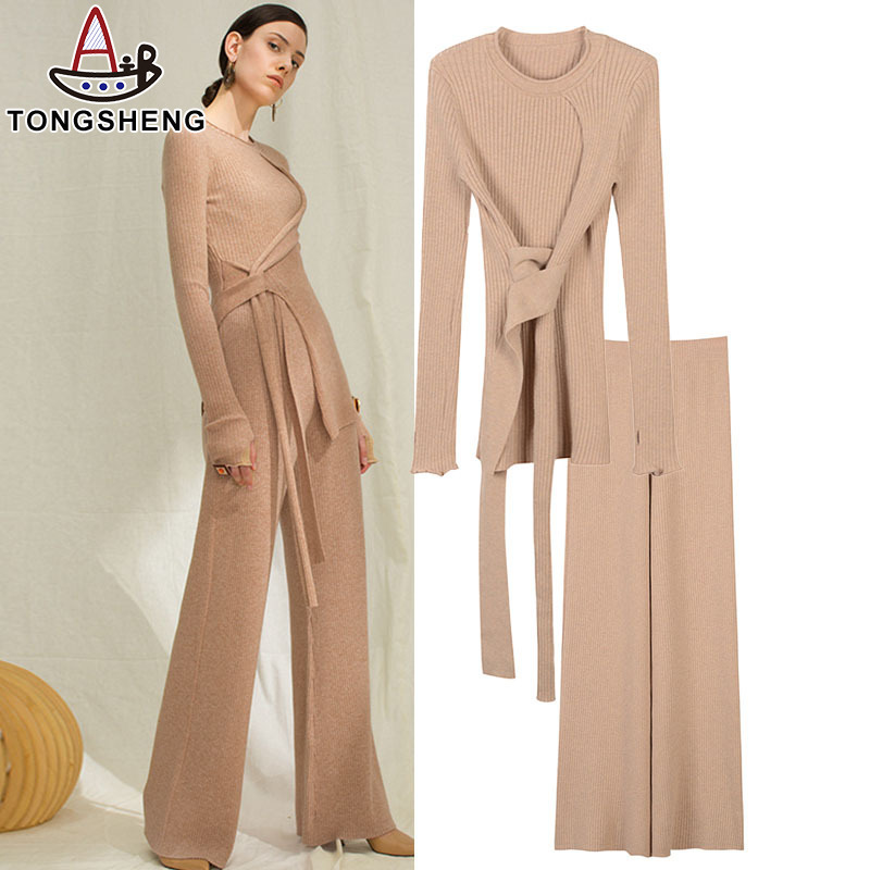 Beige lace-up knitted top with wide-leg knitted trousers, fashionable for urban beauties