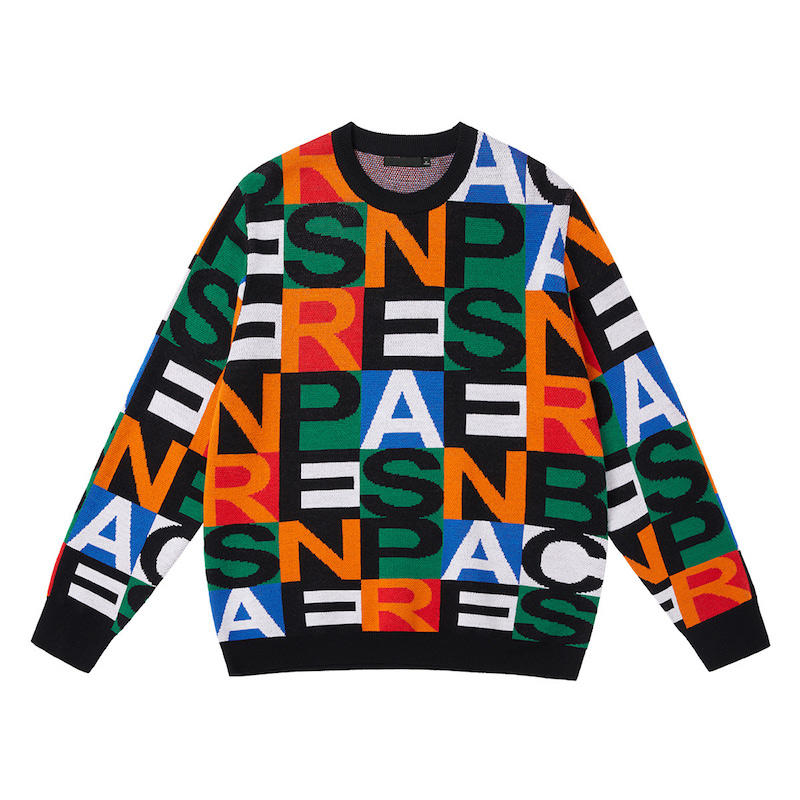 A colorful crewneck sweater covered with a jacquard monogram