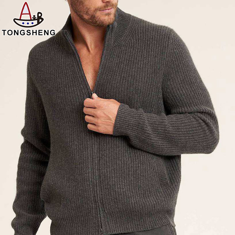 Suéter de Cachemira 100% puro para hombre con cremallera, cárdigan de punto acanalado, cárdigan de lana de lujo, suéter de punto acanalado con cremallera completa para hombre
