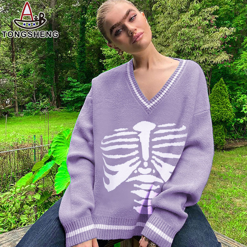 2022 Custom Design Fall Winter Acrylic Pull Over Sweater Female Knitted V-Neck Recycling Printed Skeleton Sweater Women