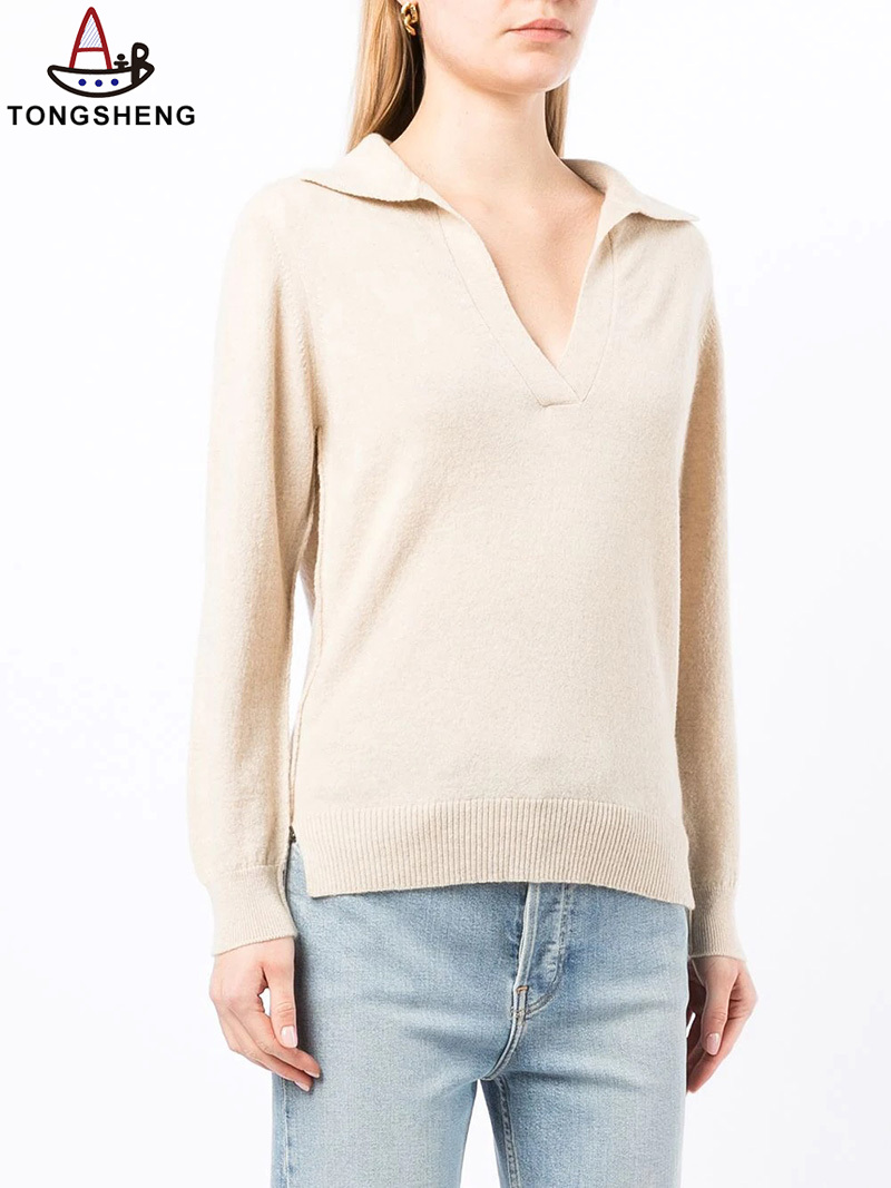 Off-white sweater with poloV neck, high-quality texture