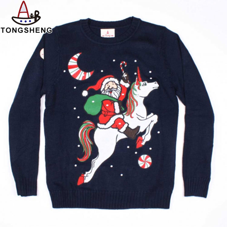 Santa Claus in black Christmas sweater riding a unicorn.jpg