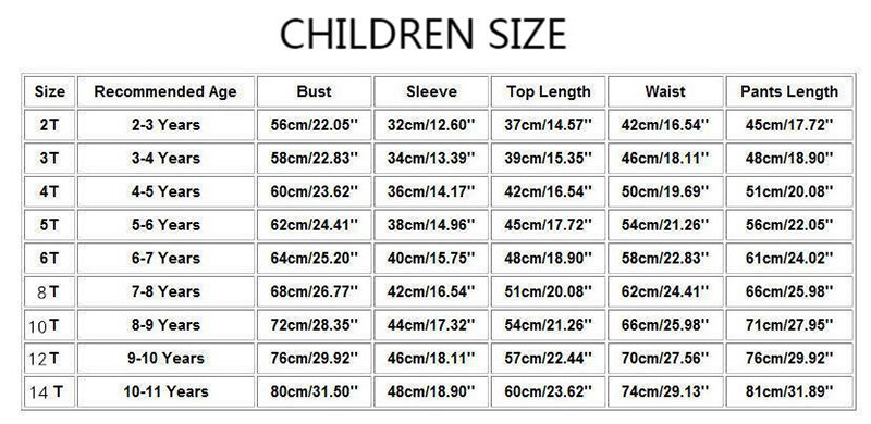 Children's Christmas Pajamas Size Chart