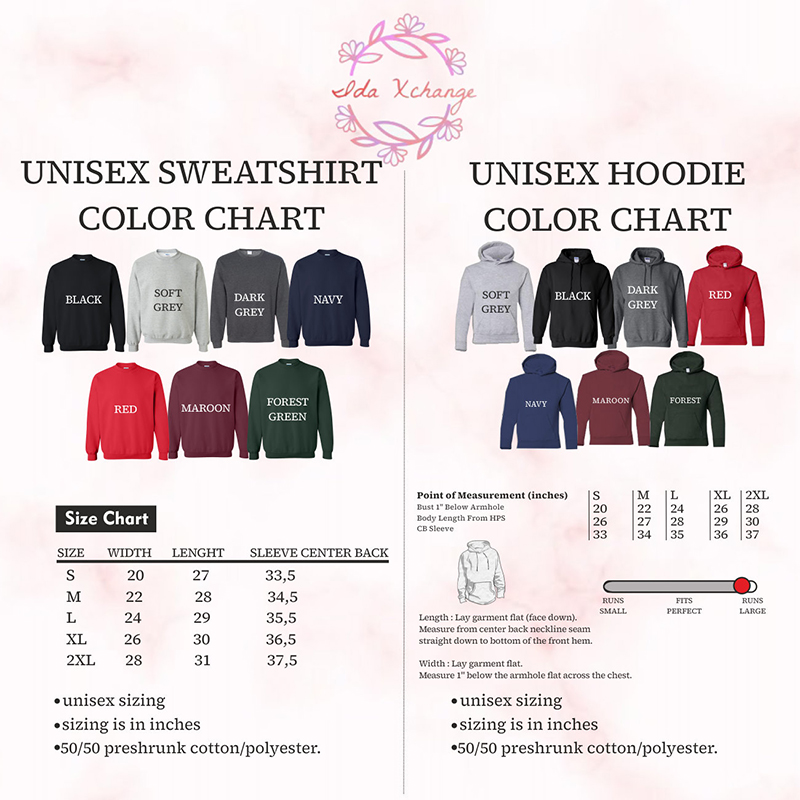 Size reference chart for unisex sweaters and hoodies