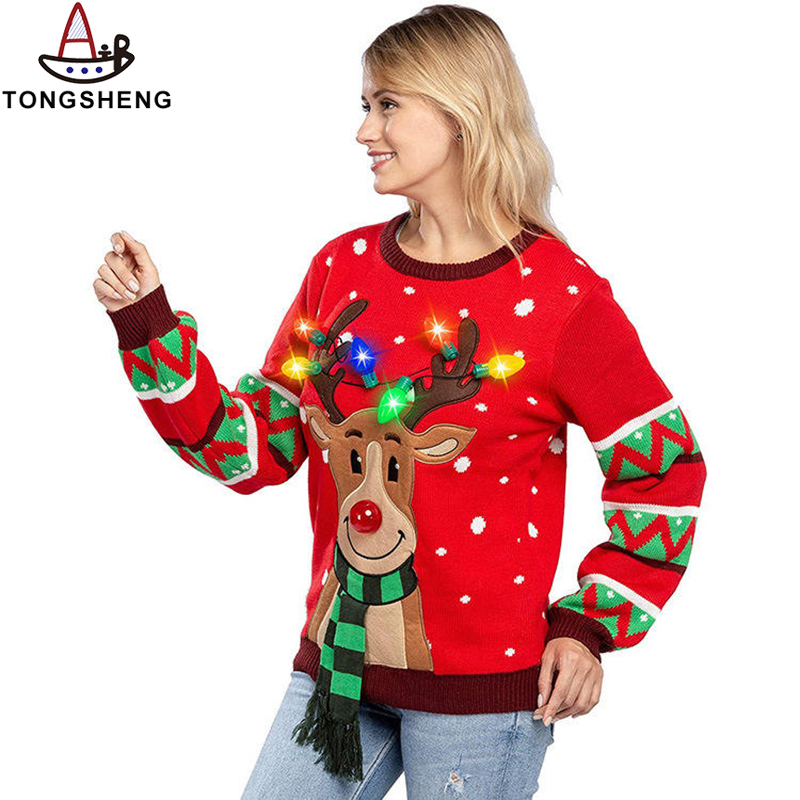 Reindeer ladies Christmas sweater with colorful lights on antlers