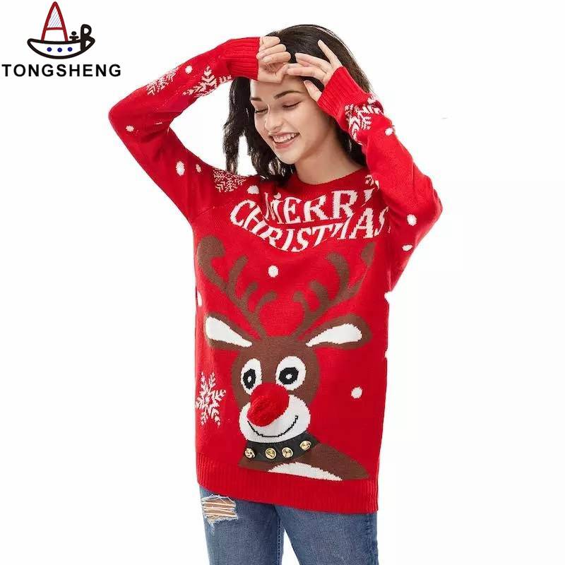 Women have fun wearing reindeer-themed couples sweaters.jpg