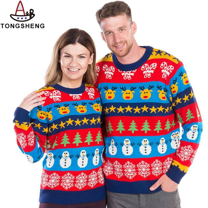 Colorful with reindeer, christmas tree, snowman, snowflakes is a stunning and distinctive home sweater design.jpg