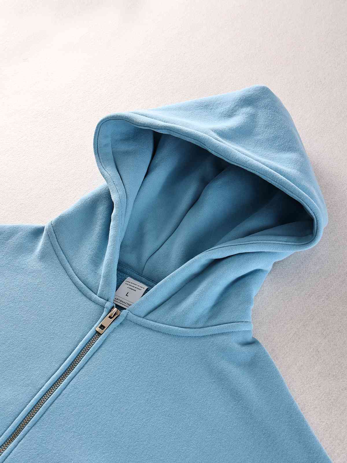 Hood and collar display of sky blue zip-up hoodie