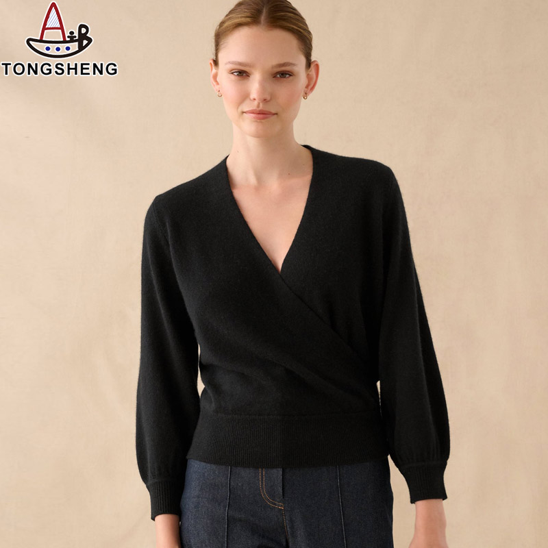 Black Cashmere Wrap Top with Balloon Sleeves