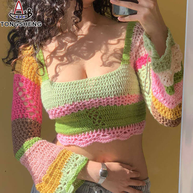 Powder Green Square Neck Color Block Crochet Mesh Sweater
