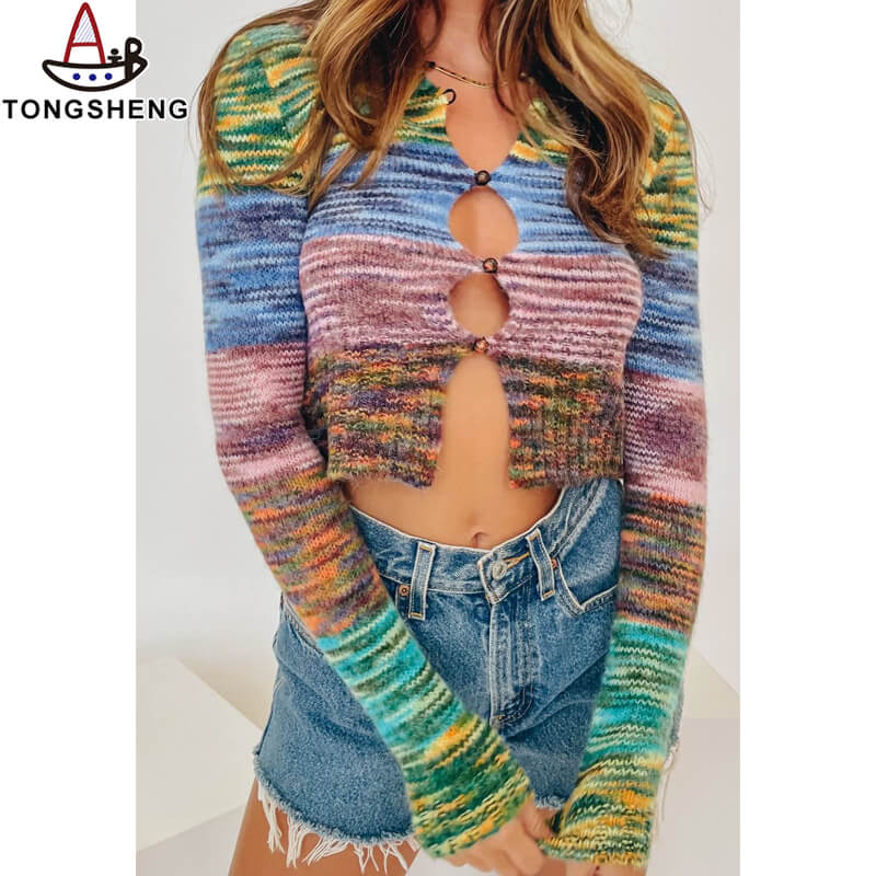 Cutout Patchwork Colorful Knit Cardigan