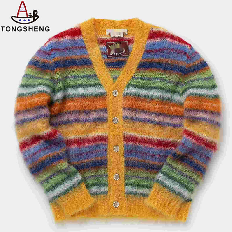 Men's Button Knit Cardigan in Striped Mohair