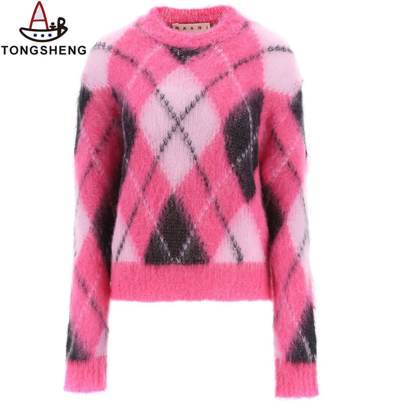 Pink Argyle Mohair Knit Sweater